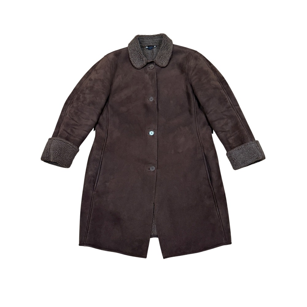 Lands End Women Brown Faux Suede Sherpa Lined Long Coat Jacket M 10-12